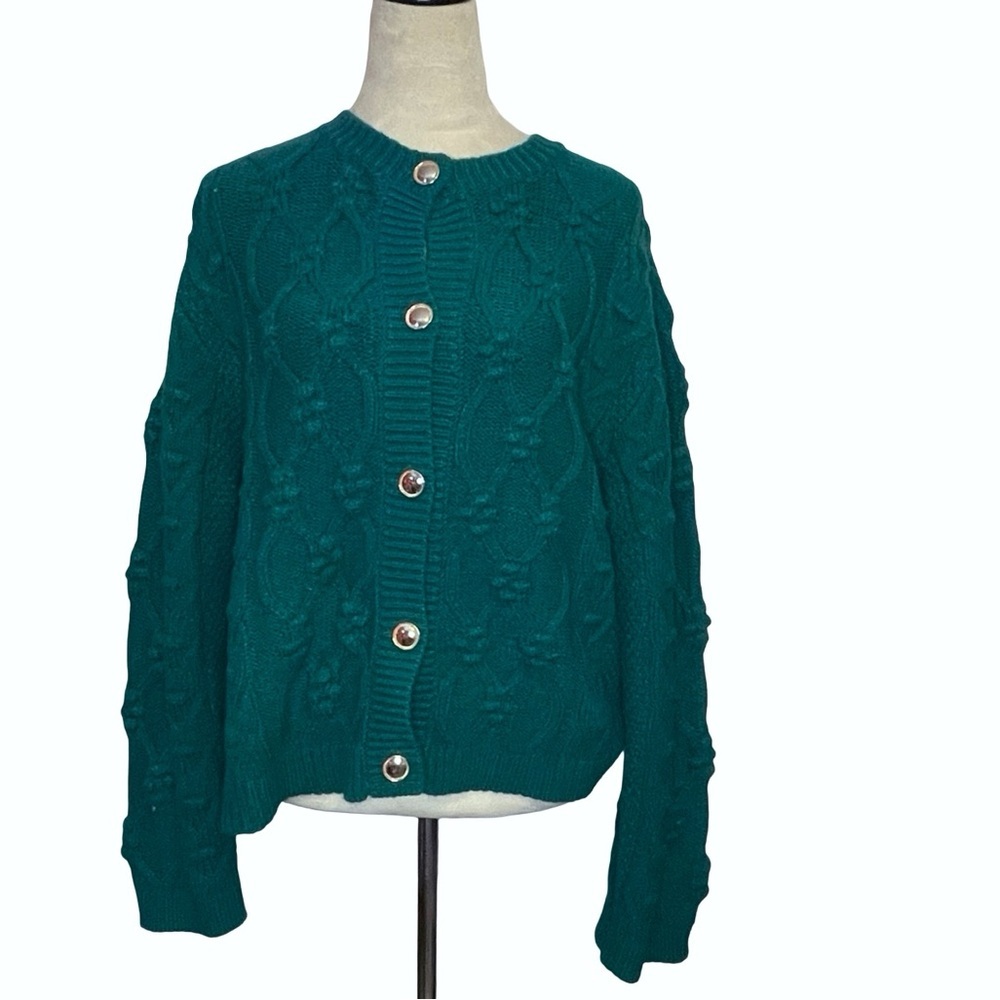 Ann Taylor green pom pom cardigan